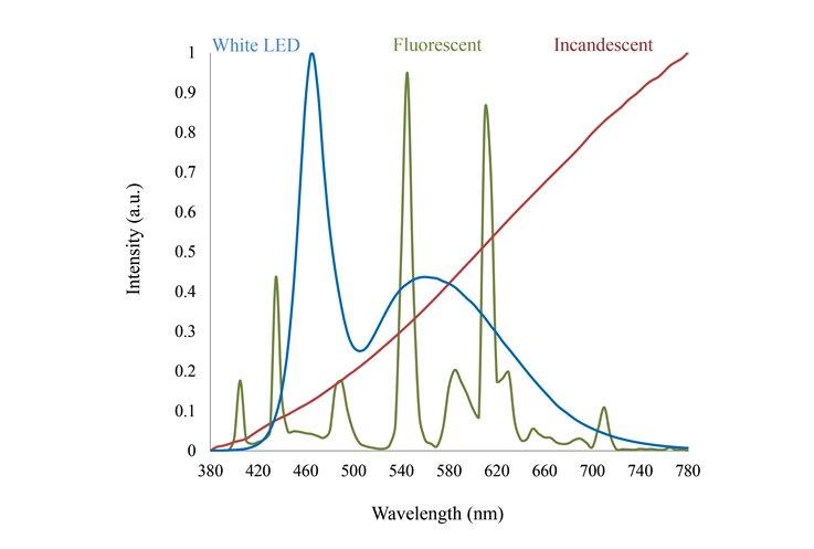 Spectral power distribution comparing blue light, white LED, tricolour fluorescent, and incandescent sources (Tosini et al. 2016)