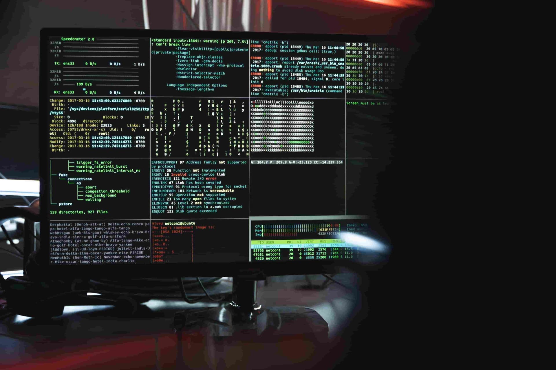A computer screen displaying cool, hacker-style data, symbolising network security.