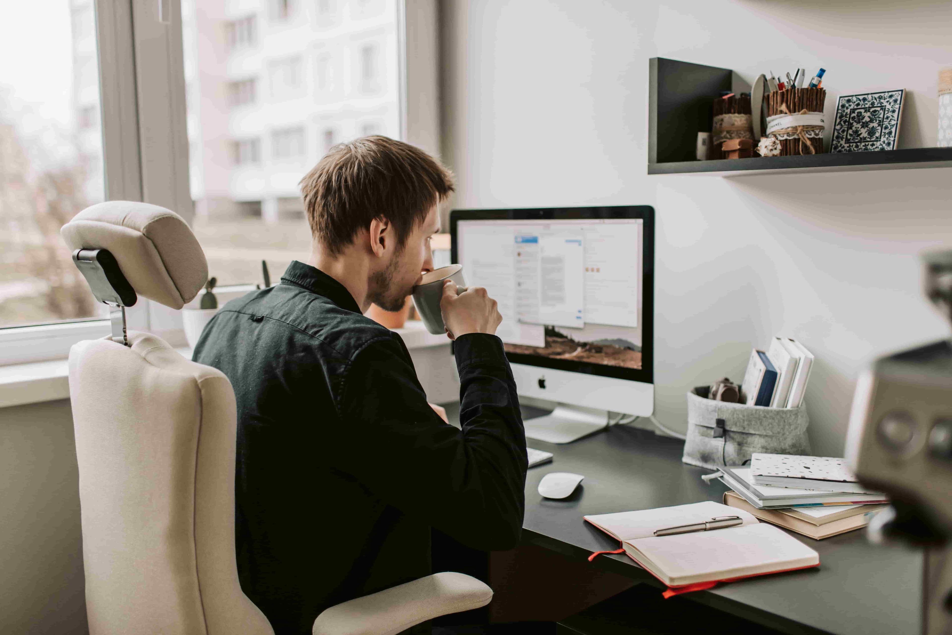 A person working from a cozy home office setup