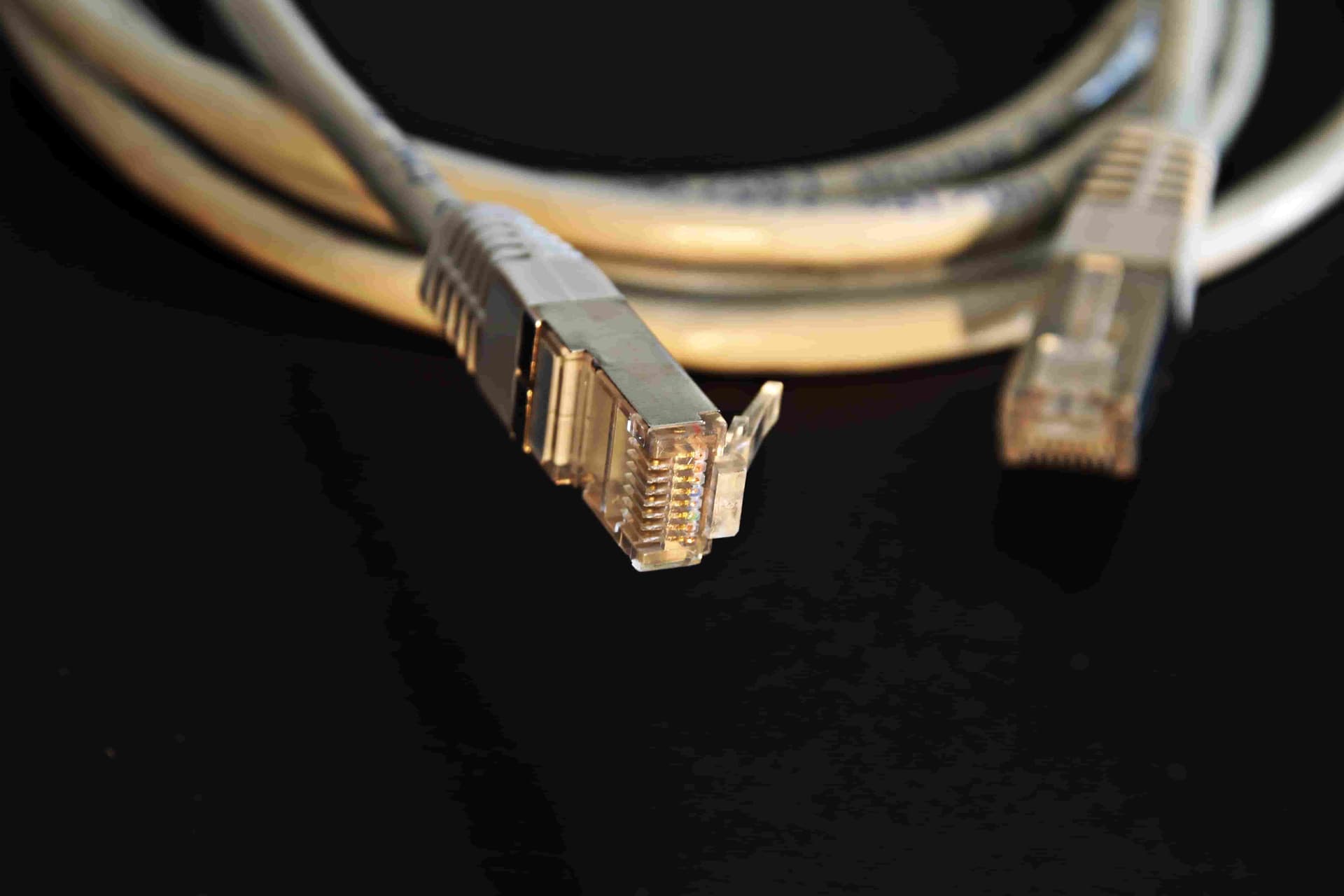 Close-up of an Ethernet cable for a direct, wired connection.