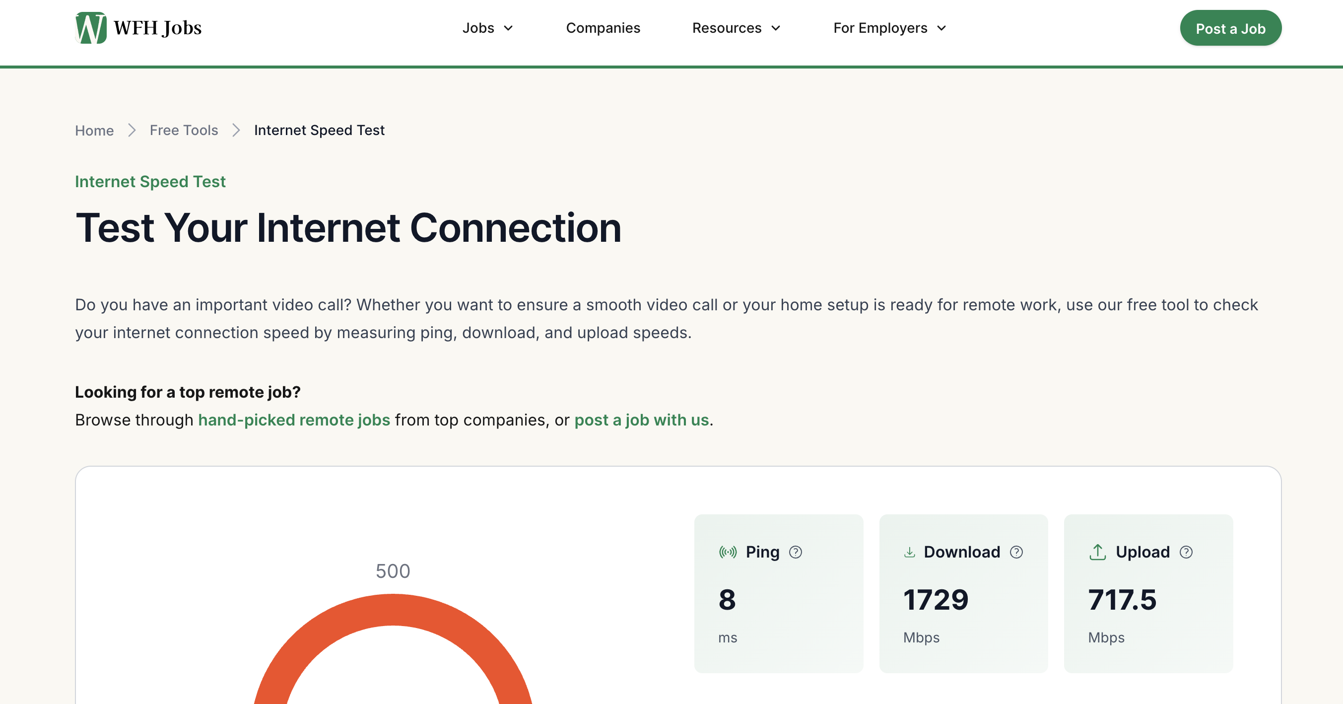 Our own free internet speed test tool in action.