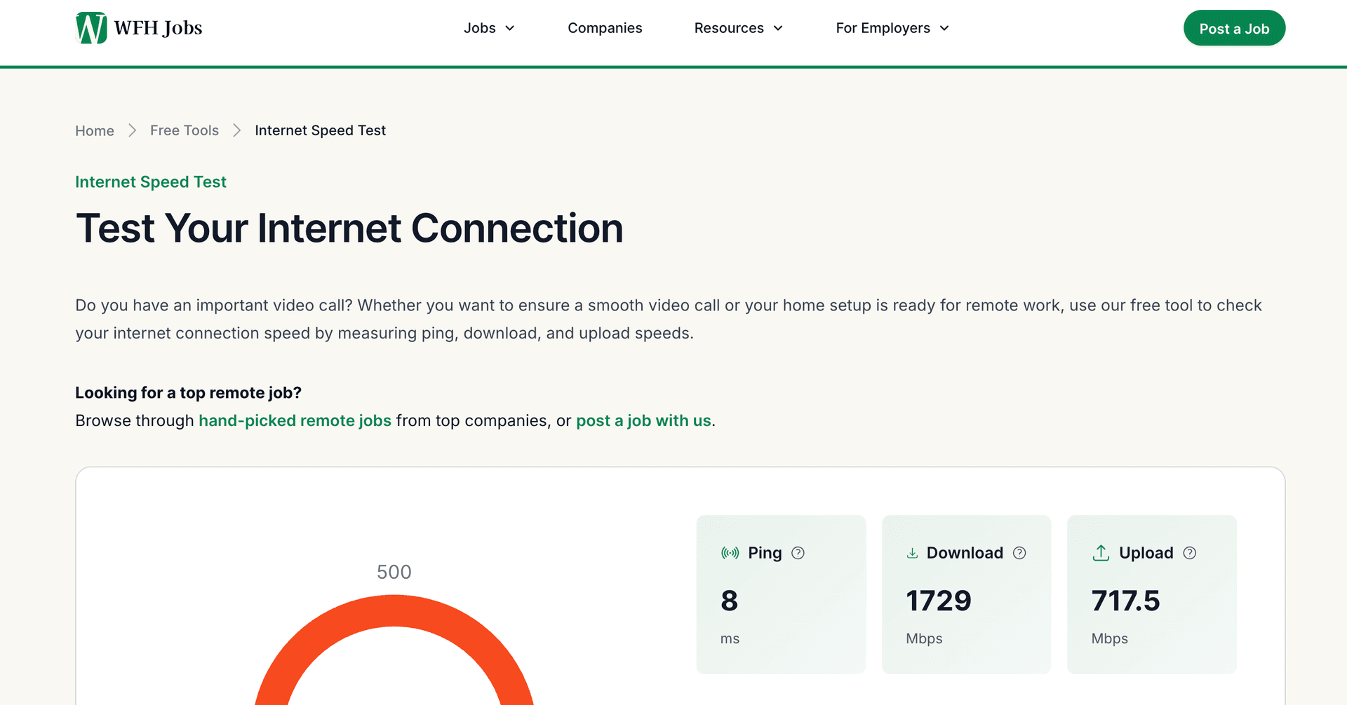 Our own free internet speed test tool in action.